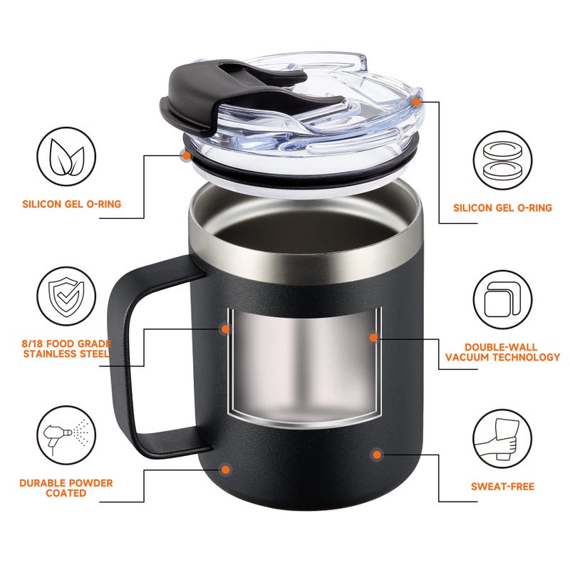 ALOUFEA 12oz Stainless Steel Insulated Coffee Mug with Handle, Double Wall Vacuum Tumbler Cup with Fliping Lid, Black, 2 Pack - Image 2